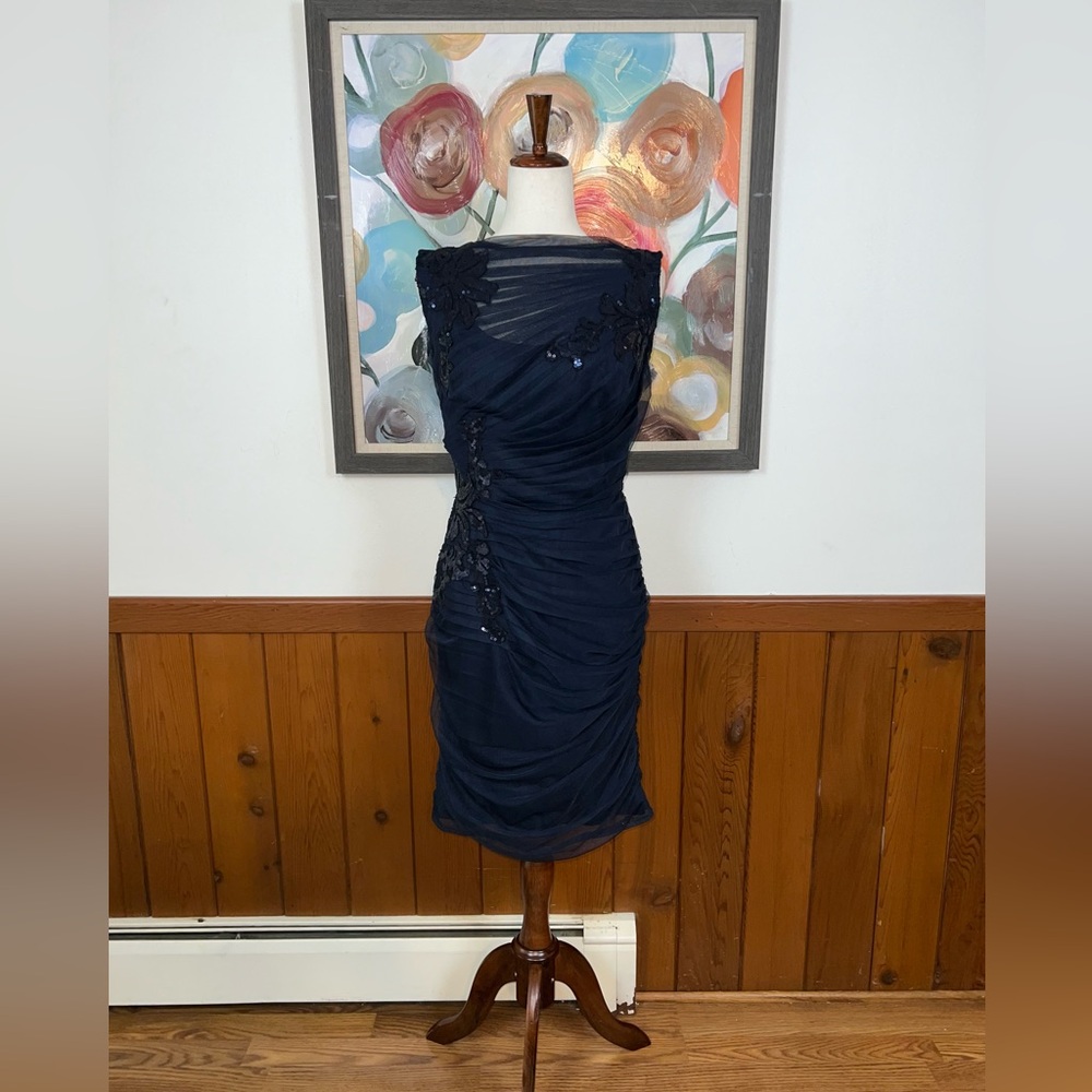 Tadashi Shoji Navy Ruched & Embellished Cocktail Dress